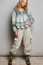 Polished white layered lace pintuck flared woven blouse by Shopimist featuring delicate lace details and a feminine silhouette.