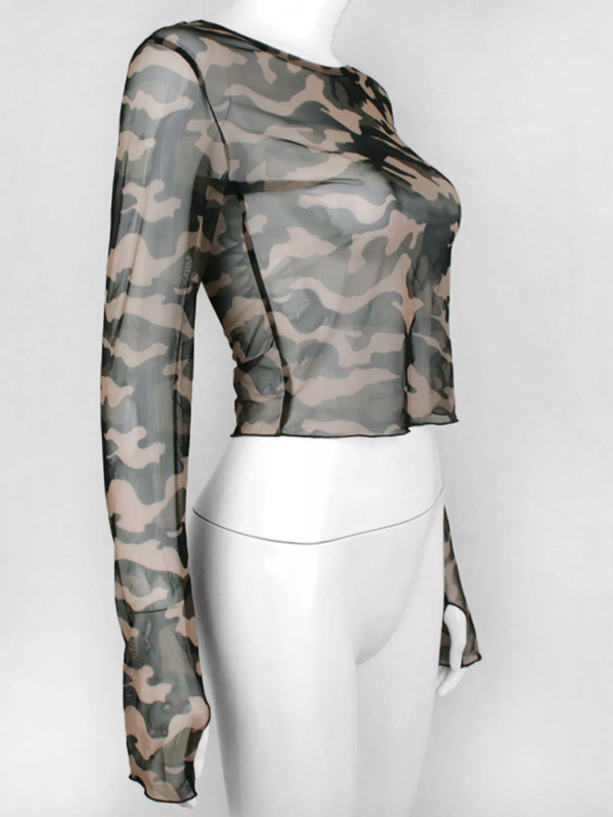 Camouflage mesh long sleeve t-shirt from Plush Fashion Hub featuring a military-style camouflage pattern and breathable mesh fabric.