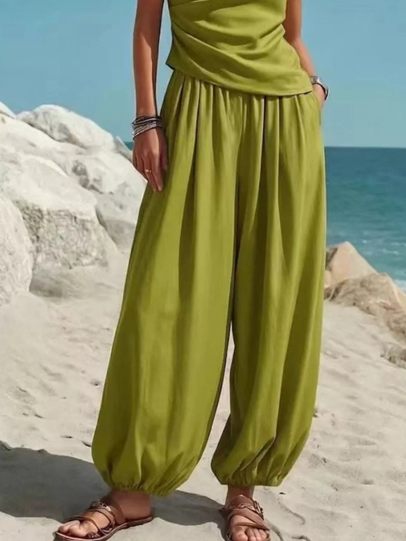 Plus size one-shoulder top and wide leg pants set by Plush Fashion Hub, featuring a stylish and comfortable matching outfit.