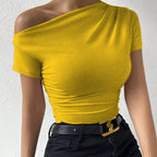 Women's Y2K ruched one-shoulder summer top by Plush Fashion Hub, slim fit casual asymmetrical shirt with ruching detail.