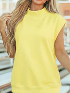 Women's black mock neck cap sleeve blouse by Trendsi, featuring a fitted stretchy fabric and elegant office-ready design.