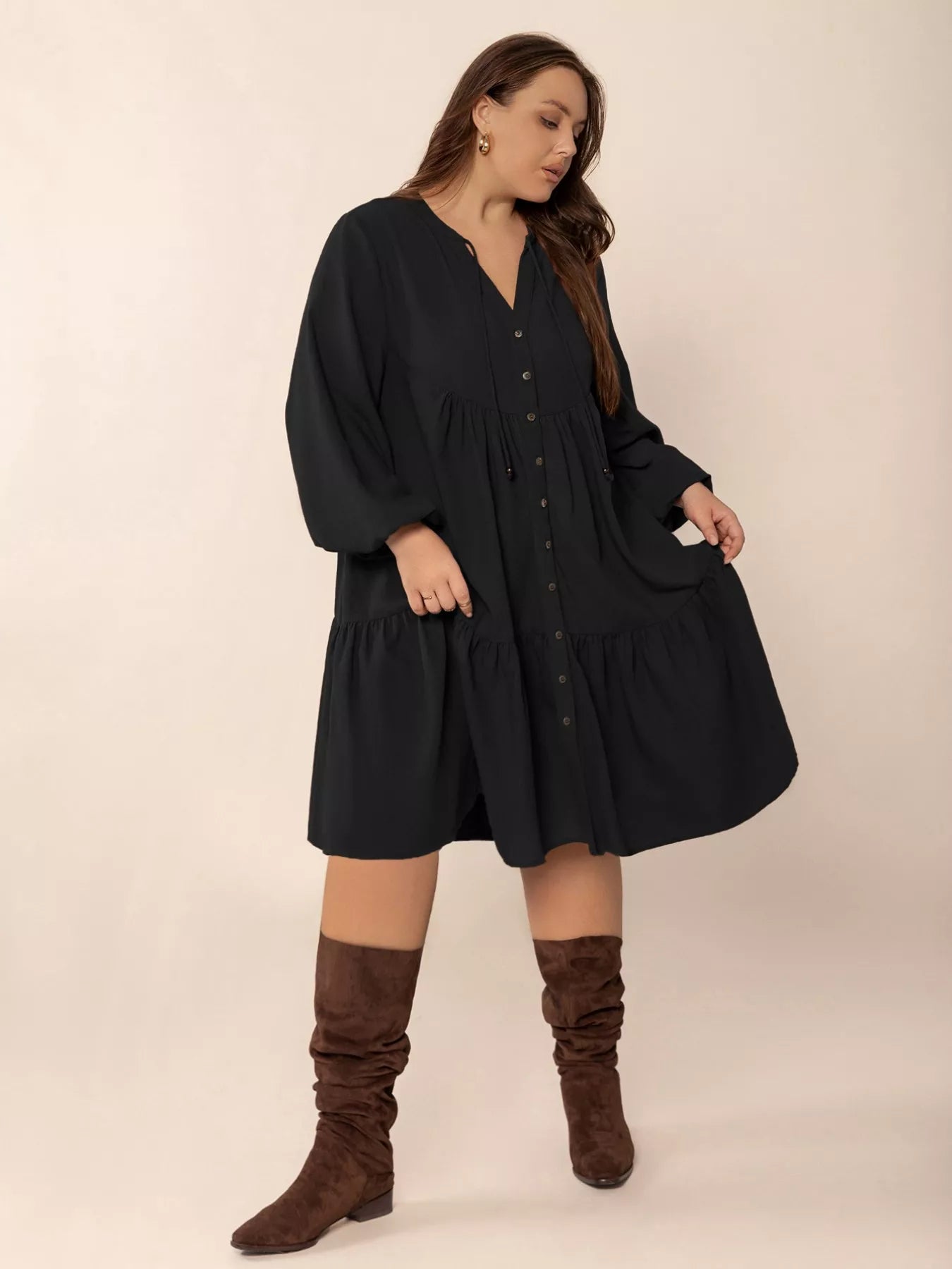 Plus size button-front balloon sleeve dress by Shopimist featuring a stylish, flowy silhouette and fashionable front buttons.