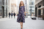 Women's floral patchwork three-quarter sleeve casual dress by FitiqueFit, featuring a colorful floral pattern and relaxed fit.