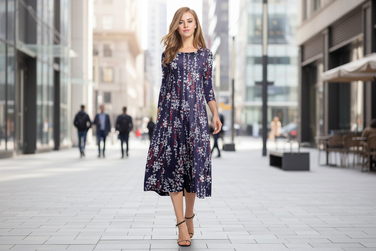 Women's floral patchwork three-quarter sleeve casual dress by FitiqueFit, featuring a colorful floral pattern and relaxed fit.
