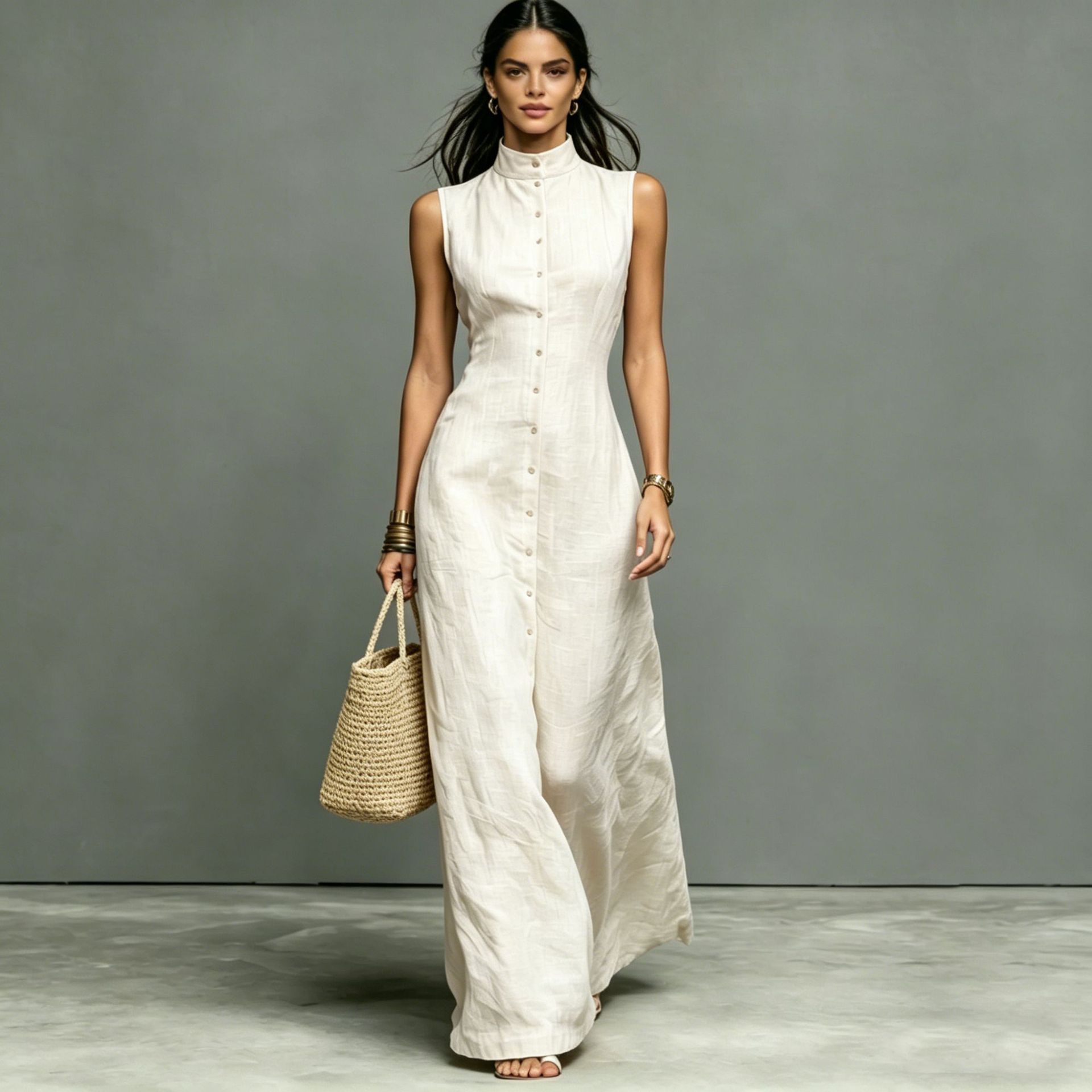 Women's sleeveless midi dress with stand collar and single-breasted design by FitiqueFit, casualwear style, shown on a model.