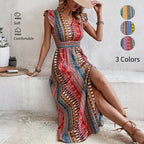 Women's boho geometric print puff sleeve A-line maxi dress by FitiqueFit in three colors, featuring a flowy silhouette and stylish design.
