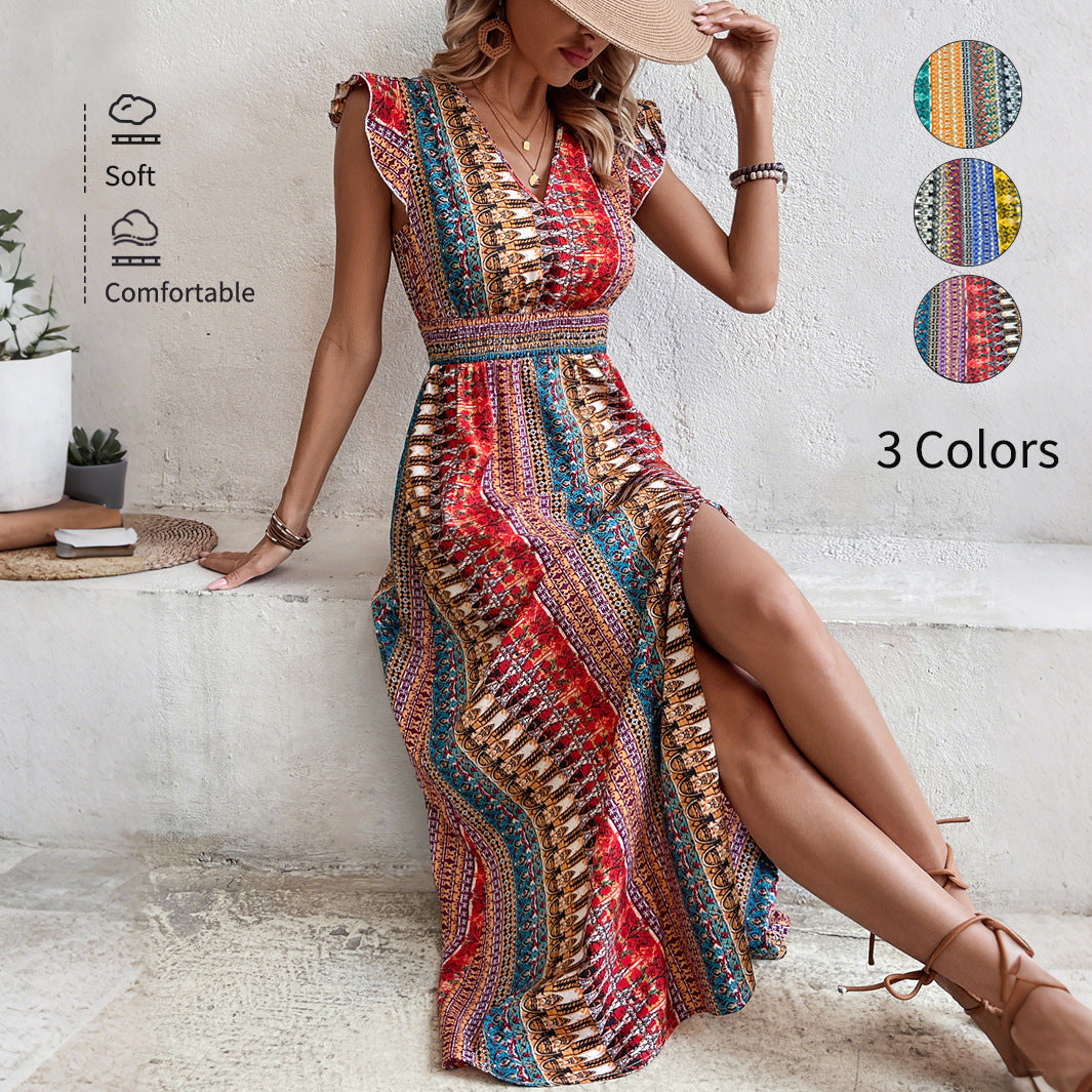 Women's boho geometric print puff sleeve A-line maxi dress by FitiqueFit in three colors, featuring a flowy silhouette and stylish design.