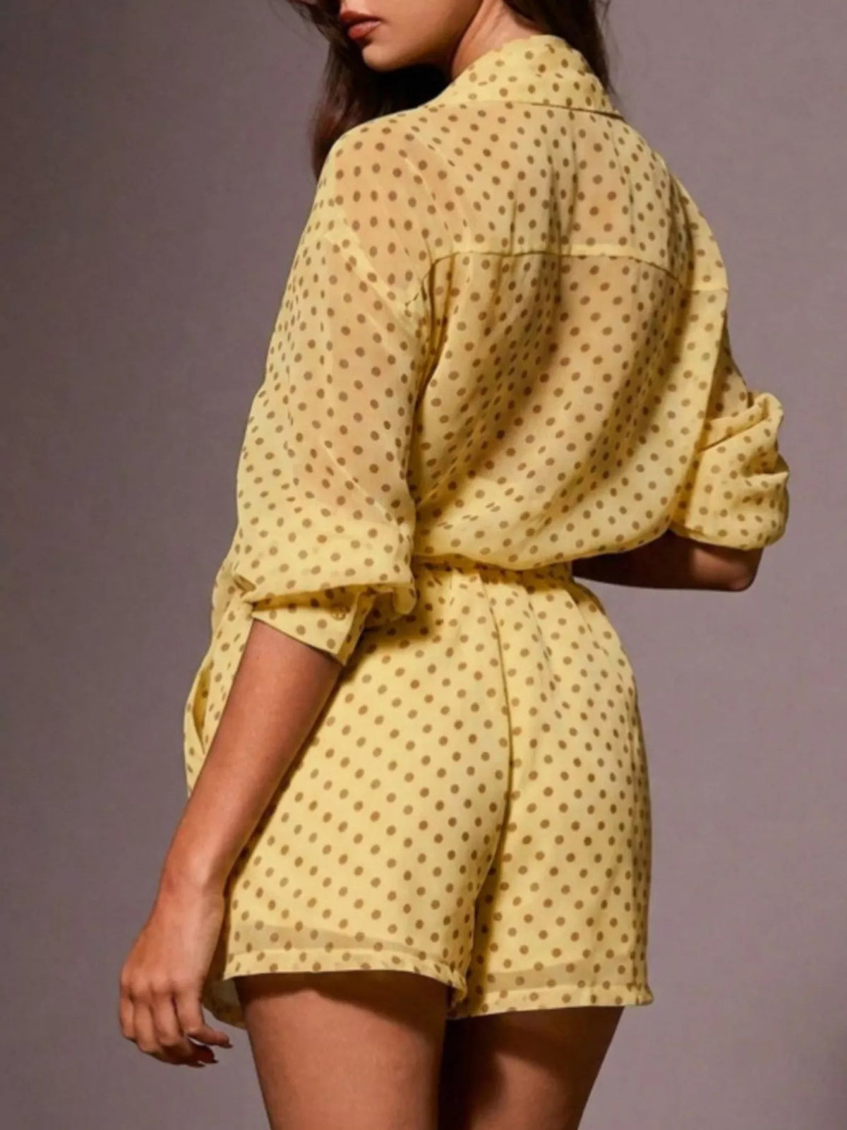 Plush Fashion Hub polka dot button-up shirt and shorts loungewear set, soft fabric, casual style, perfect for relaxing at home.
