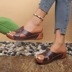 Shopimist open toe wedge sandals with cork heels and adjustable ankle straps, perfect for summer casual wear.