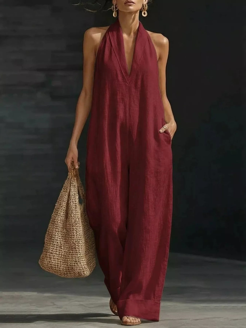 Halter neck wide-leg jumpsuit by Trendsi with flowing fabric and sleeveless design, perfect for stylish summer wear.