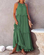 Elegant apricot ruffle maxi dress from Plush Fashion Hub, featuring flowing fabric and stylish ruffle details for casual wear.