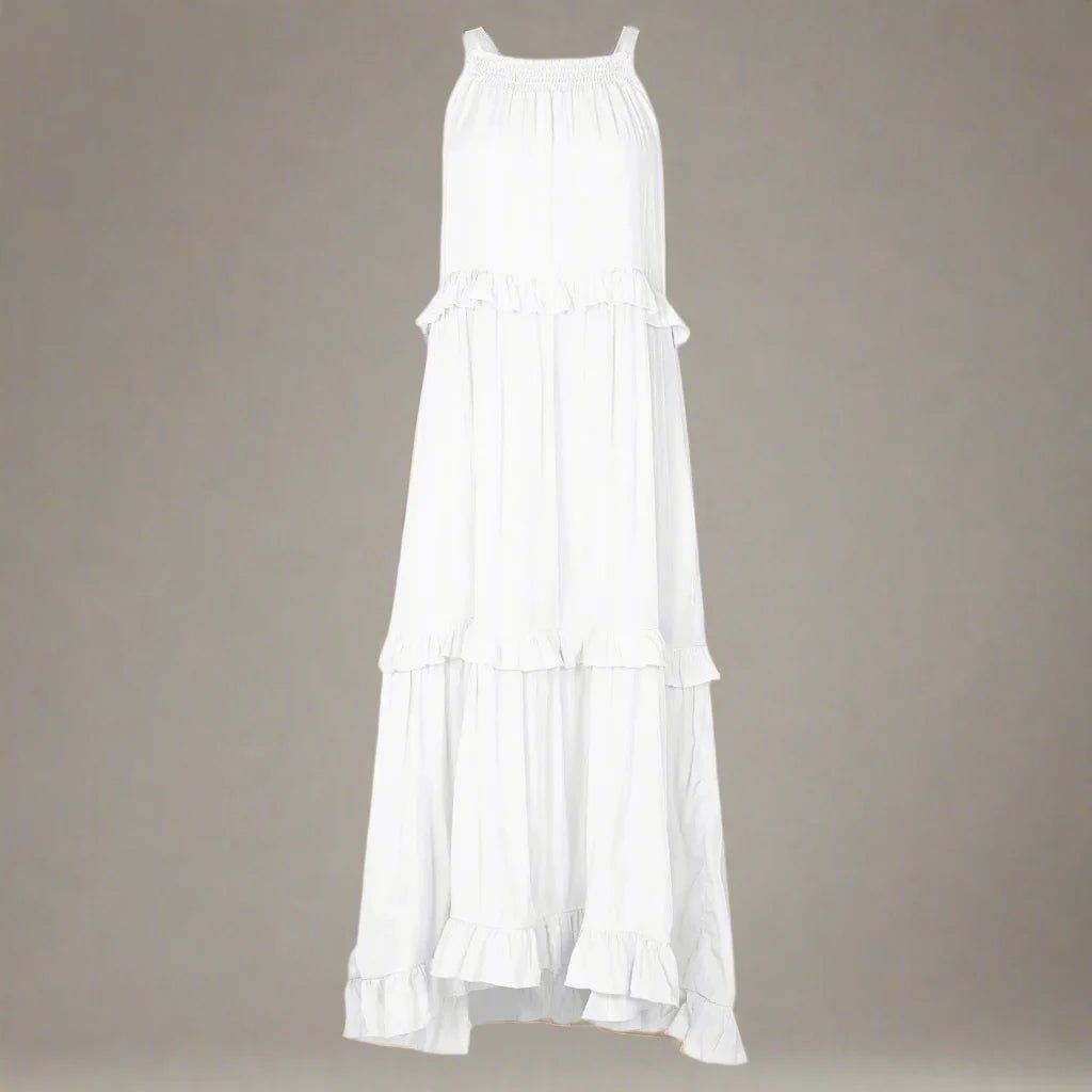 Elegant apricot ruffle maxi dress from Plush Fashion Hub, featuring flowing fabric and stylish ruffle details for casual wear.