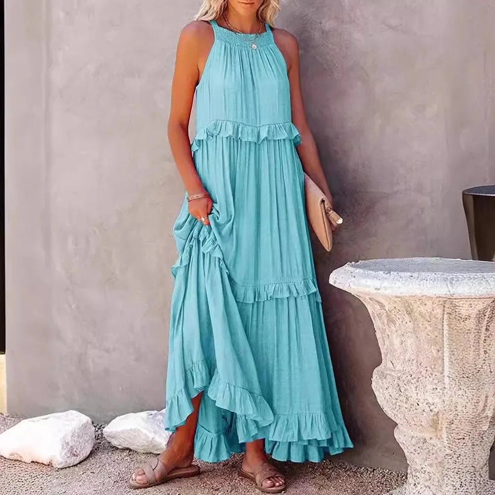 Elegant apricot ruffle maxi dress from Plush Fashion Hub, casualwear with flowy fabric and stylish ruffle details.