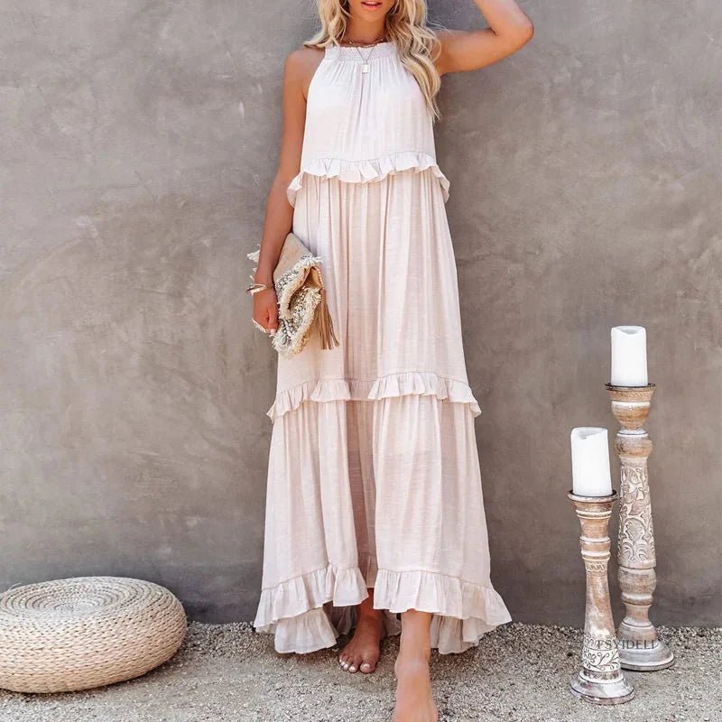 Elegant apricot ruffle maxi dress by Plush Fashion Hub, showcasing flowing fabric and stylish ruffle details for casualwear.