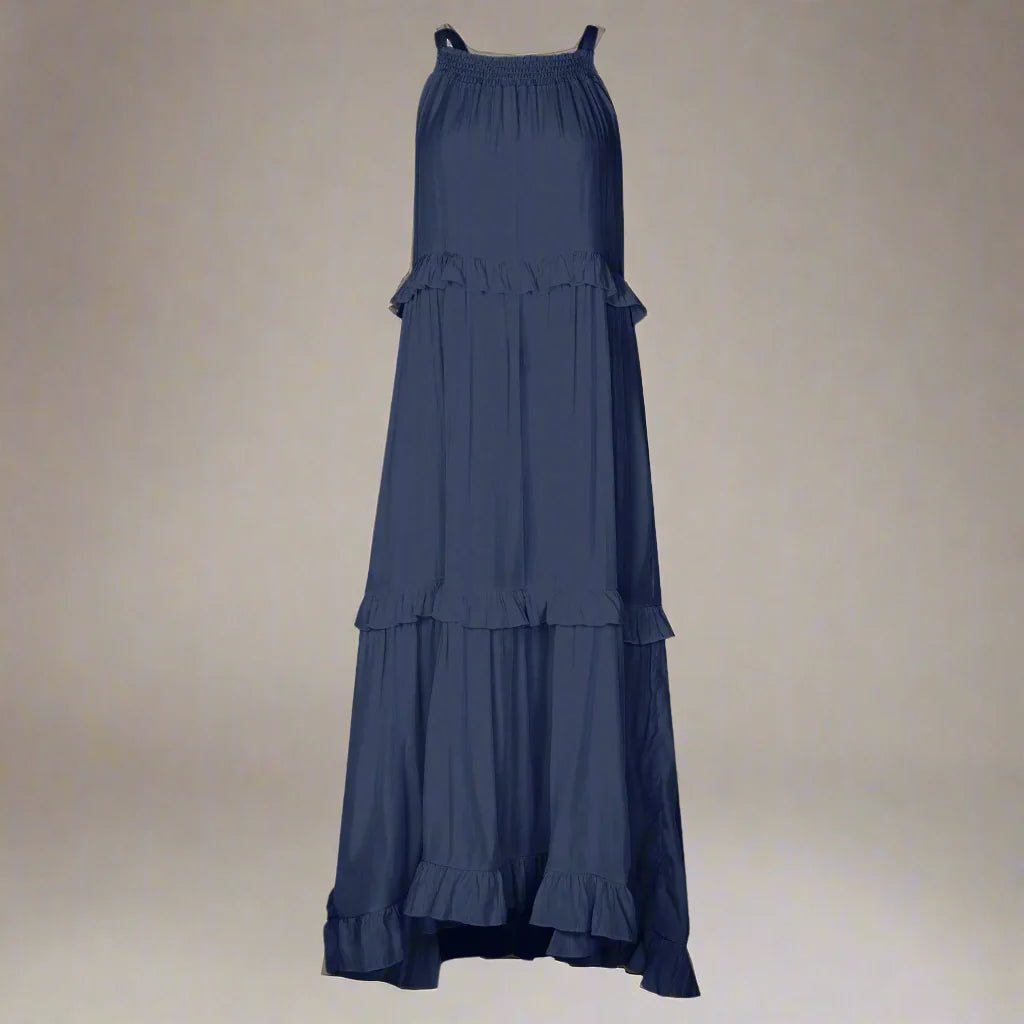 Elegant apricot ruffle maxi dress by Plush Fashion Hub, featuring flowing fabric and stylish design for casual wear.