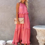 Elegant apricot ruffle maxi dress from Plush Fashion Hub, casualwear with flowing fabric and stylish ruffle details.