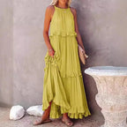 Elegant apricot ruffle maxi dress by Plush Fashion Hub, featuring flowing fabric and stylish ruffle details for casual wear.