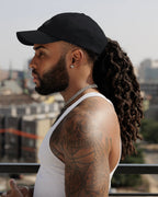 Black waterproof satin-lined dad hat from Plush Fashion Hub, showing the hat's sleek satin interior and durable waterproof fabric.