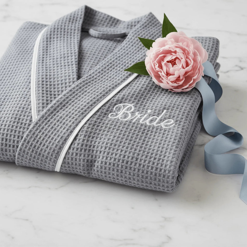 Knee-length waffle robe for women with embroidery detail, made by Plush Fashion Hub, featuring a soft, textured fabric and cozy fit.