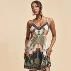 European and American-style tropical print V-neck slip dress by Plush Fashion Hub, casualwear with vibrant tropical patterns.