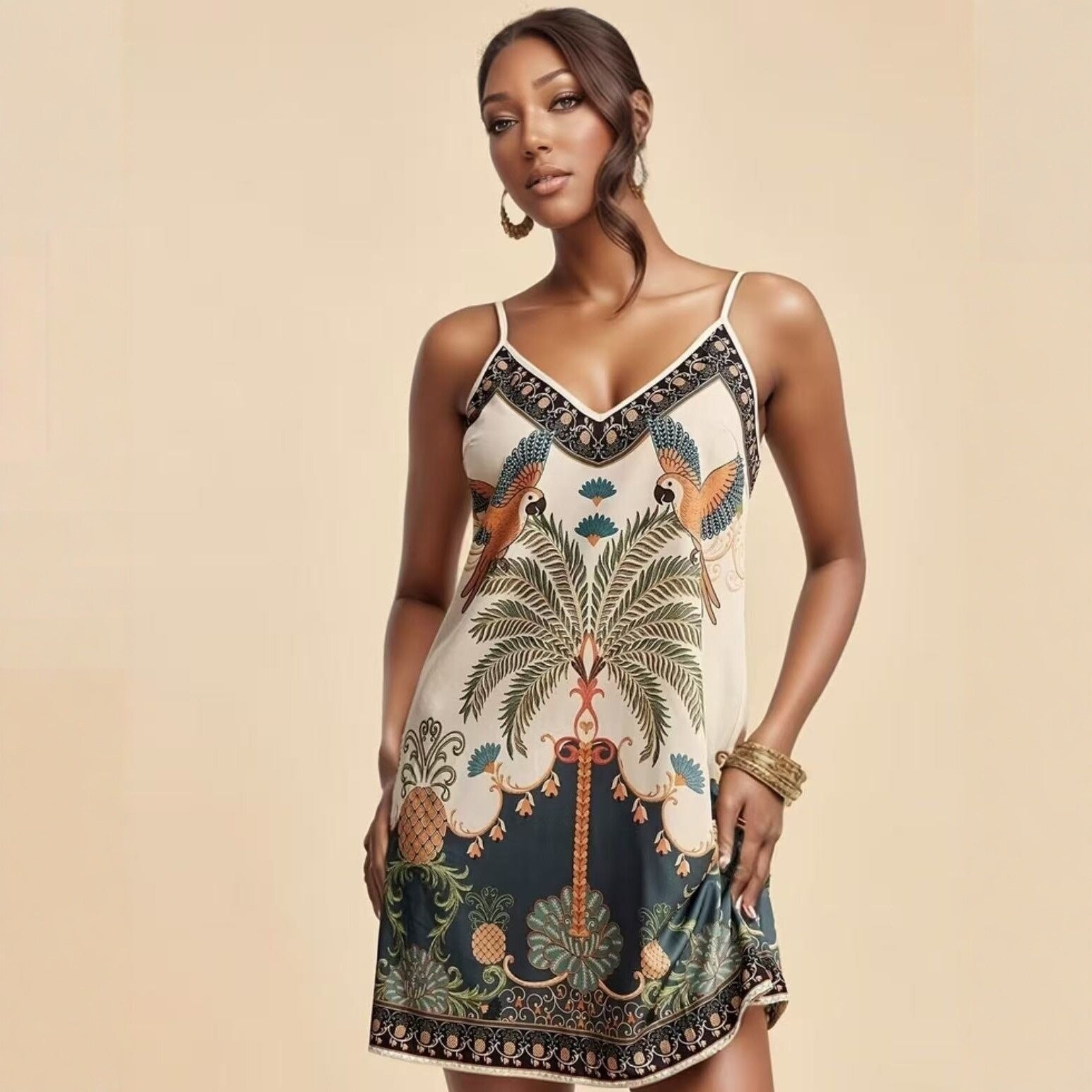 European and American-style tropical print V-neck slip dress by Plush Fashion Hub, casualwear with vibrant tropical patterns.
