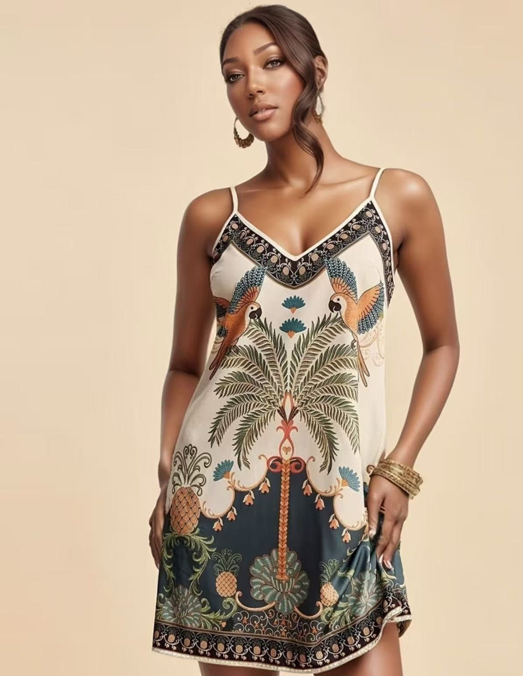 European and American-style tropical print V-neck slip dress by Plush Fashion Hub, casualwear with vibrant tropical floral pattern.
