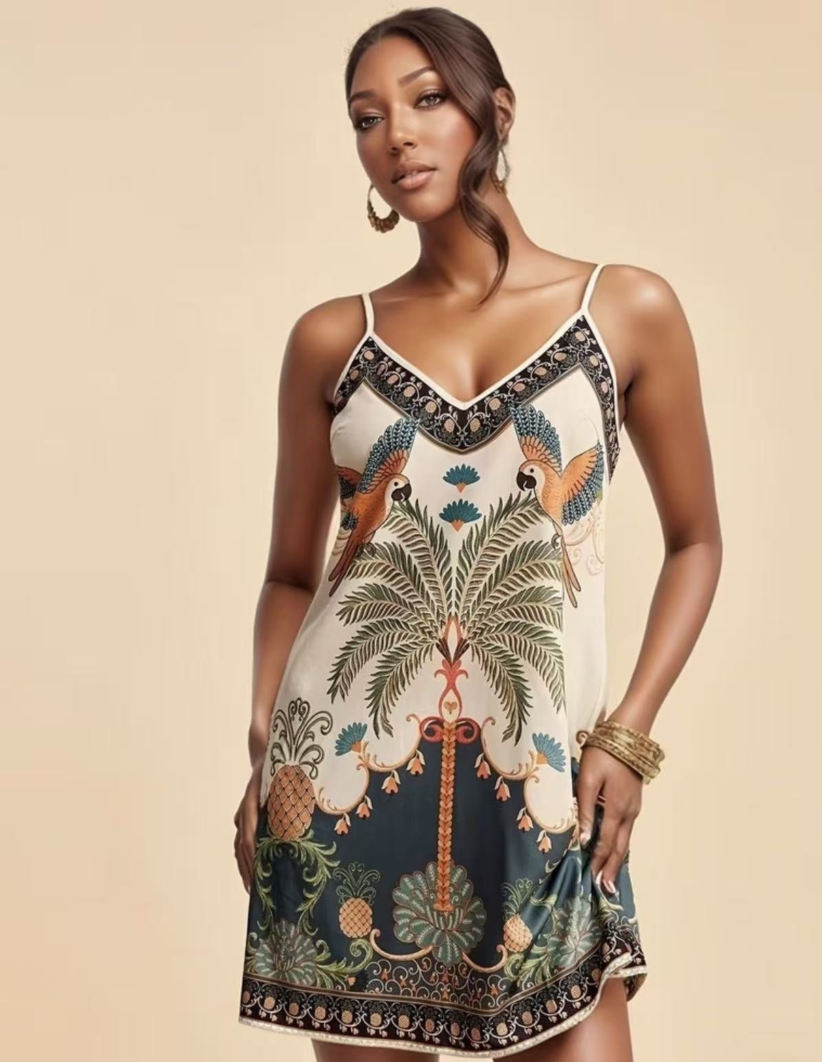 European and American-style tropical print V-neck slip dress by Plush Fashion Hub, casualwear with vibrant tropical floral pattern.