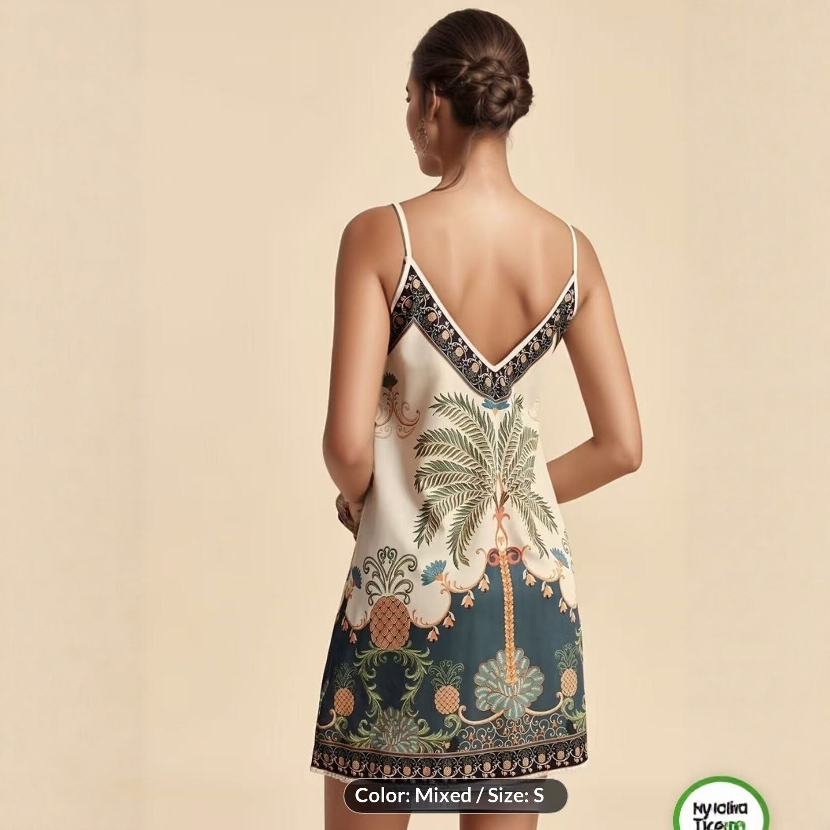 European and American-style tropical print V-neck slip dress by Plush Fashion Hub, casualwear with vibrant tropical pattern.