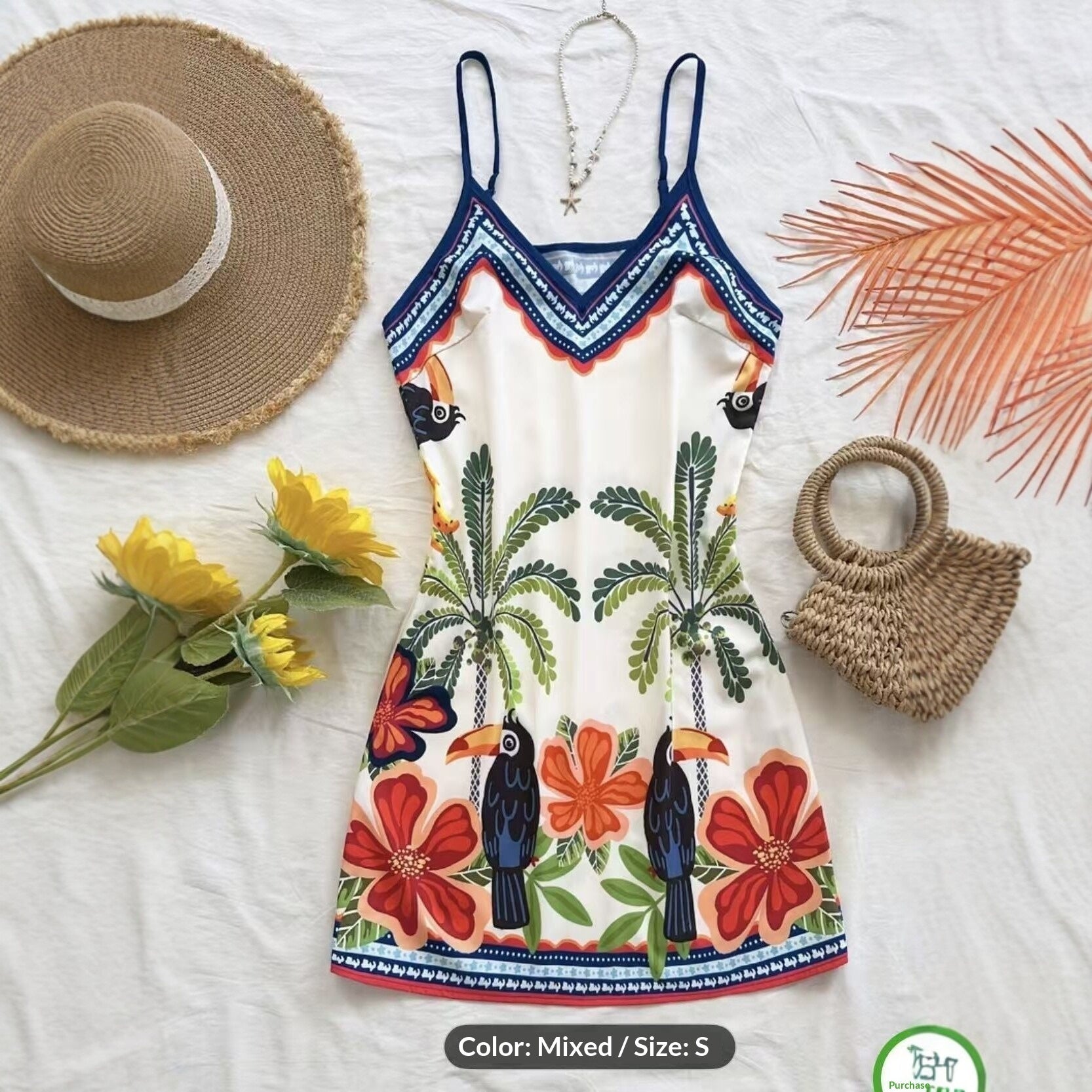 European and American-style tropical print V-neck slip dress by Plush Fashion Hub, featuring vibrant tropical patterns and casual fit.