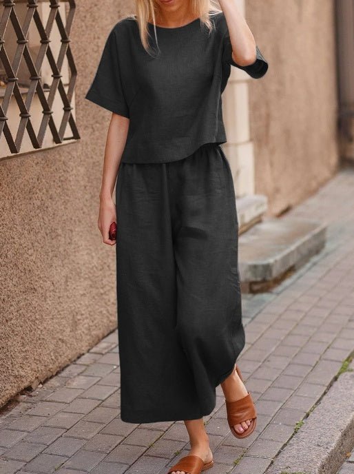 European and American women's linen casual two-piece suit in solid color, featuring a loose fit and comfortable style.