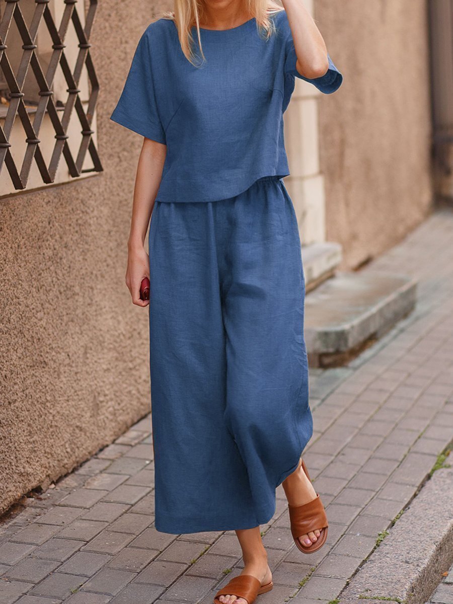 European and American women's linen two-piece suit featuring a casual, loose fit in solid color, by Plush Fashion Hub.