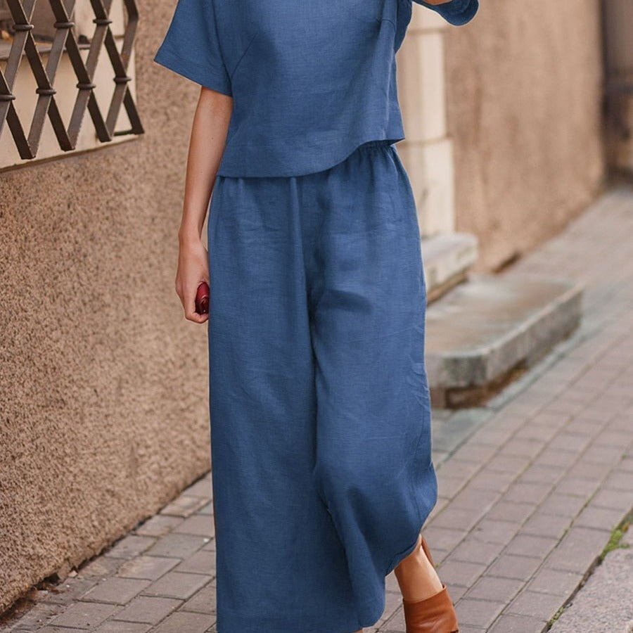 European and American women's linen casual two-piece suit in solid color, featuring a loose, comfortable fit by Plush Fashion Hub.