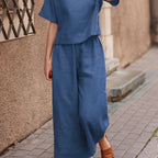 European and American women's linen casual two-piece suit in solid color, featuring a loose, comfortable fit by Plush Fashion Hub.