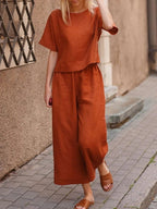 European and American women's linen two-piece casual suit by Plush Fashion Hub, featuring a loose fit and solid color design.
