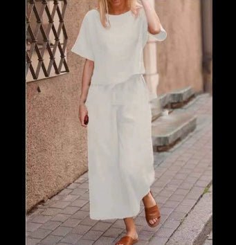 European and American women's linen casual two-piece suit with a loose fit and solid color, by Plush Fashion Hub.