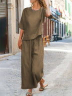 European and American women's linen casual two-piece suit in solid color, featuring a loose fit and comfortable relaxed style.