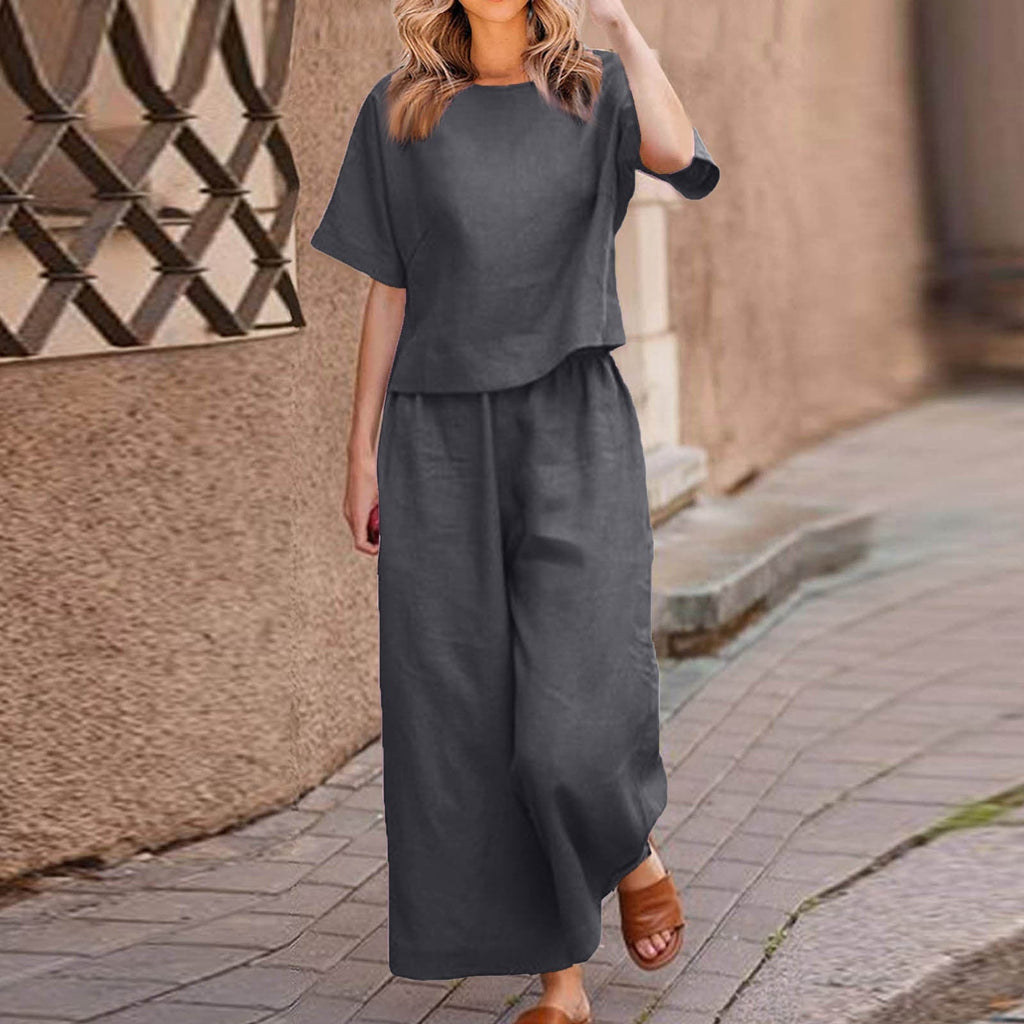 European and American women's linen casual two-piece suit, loose fit, solid color, stylish and comfortable for everyday wear.