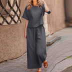 European and American women's linen casual two-piece suit, loose fit, solid color, stylish and comfortable for everyday wear.
