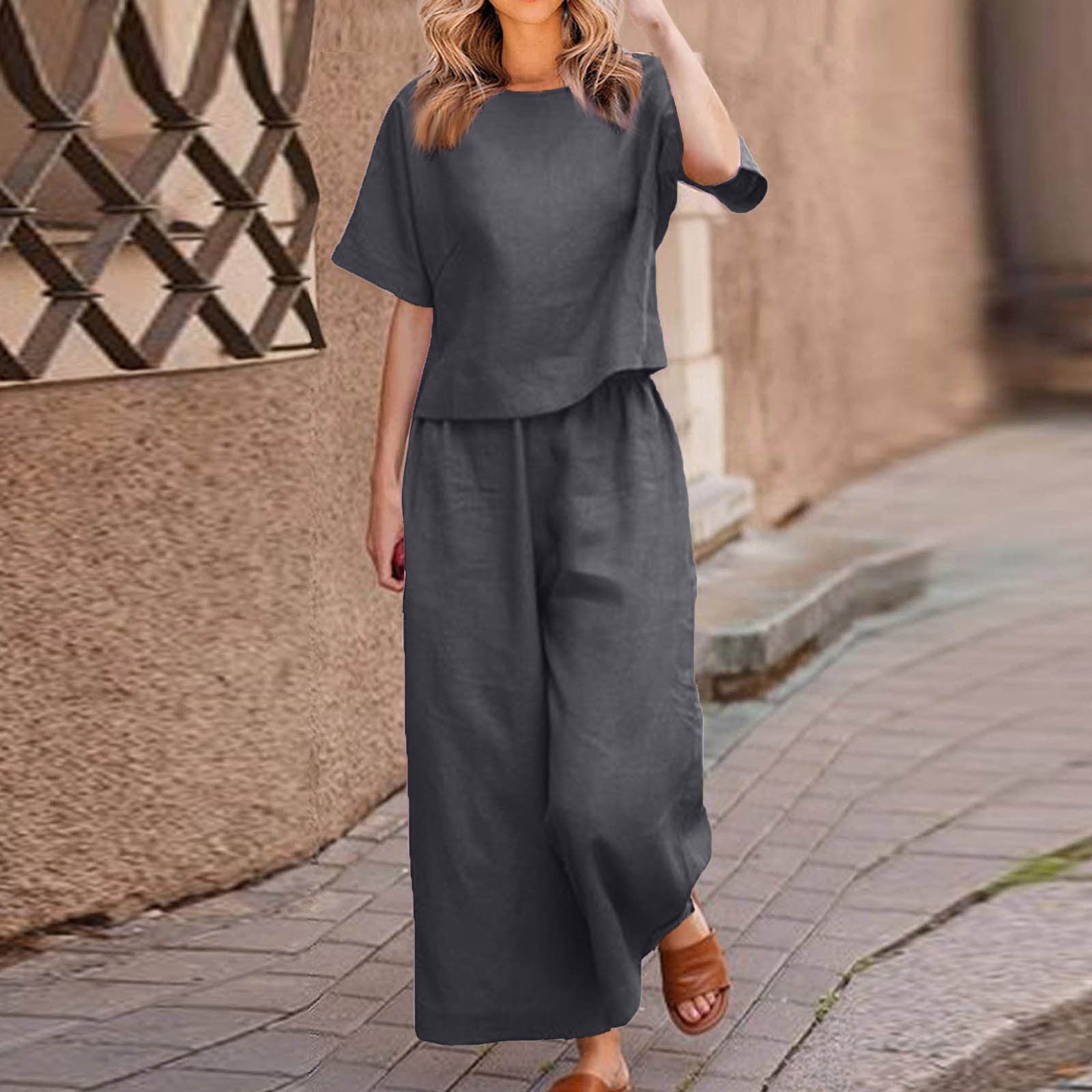 European and American women's linen casual two-piece suit, loose fit, solid color, stylish and comfortable for everyday wear.