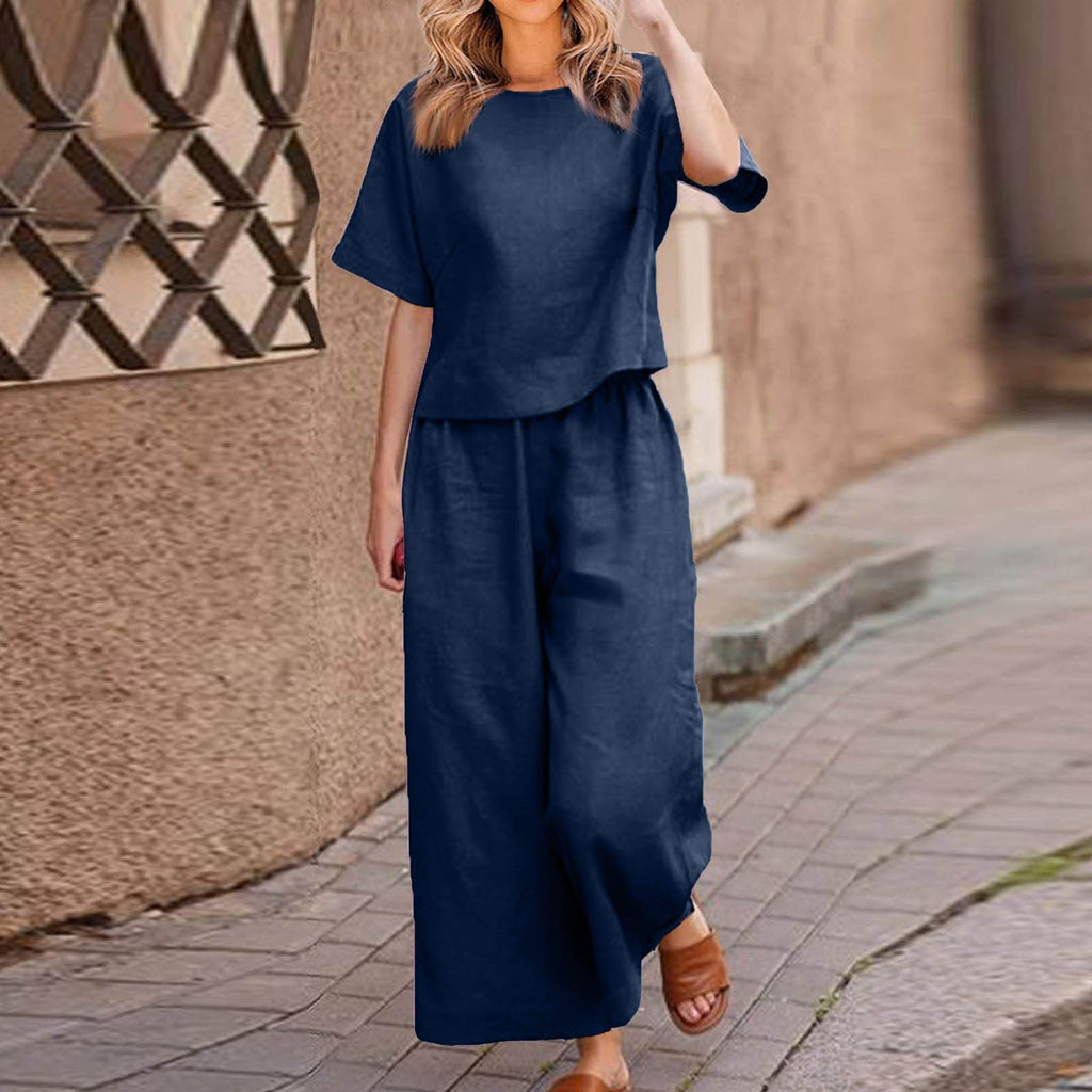 European and American women's linen casual two-piece suit by Plush Fashion Hub, featuring loose fit and solid color design.