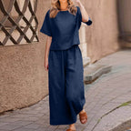 European and American women's linen casual two-piece suit by Plush Fashion Hub, featuring loose fit and solid color design.