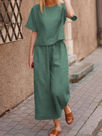 European and American women's linen casual two-piece suit featuring a loose fit and solid color, by Plush Fashion Hub.