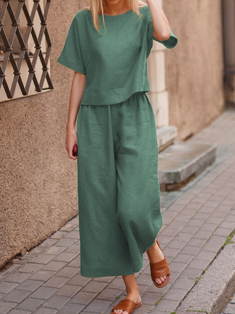 European and American women's linen casual two-piece suit featuring a loose fit and solid color, by Plush Fashion Hub.