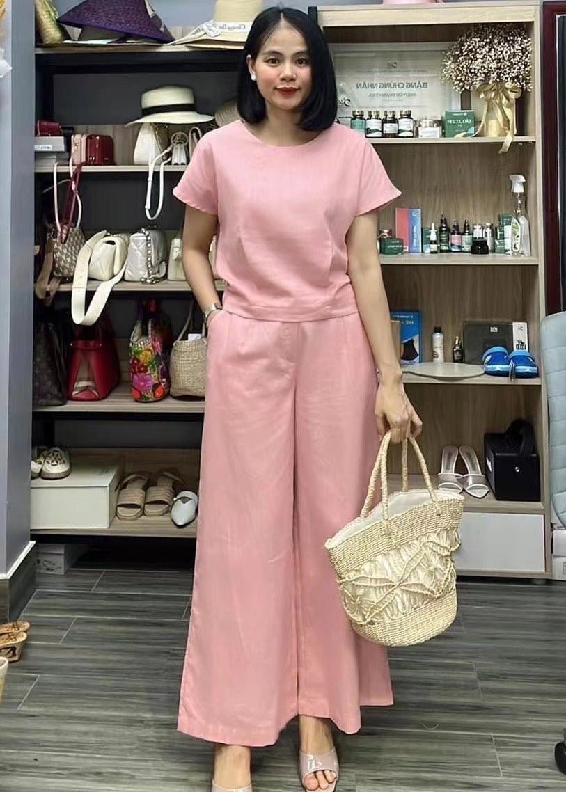 European and American women's linen casual two-piece suit in a solid color, featuring a loose fit and comfortable style.