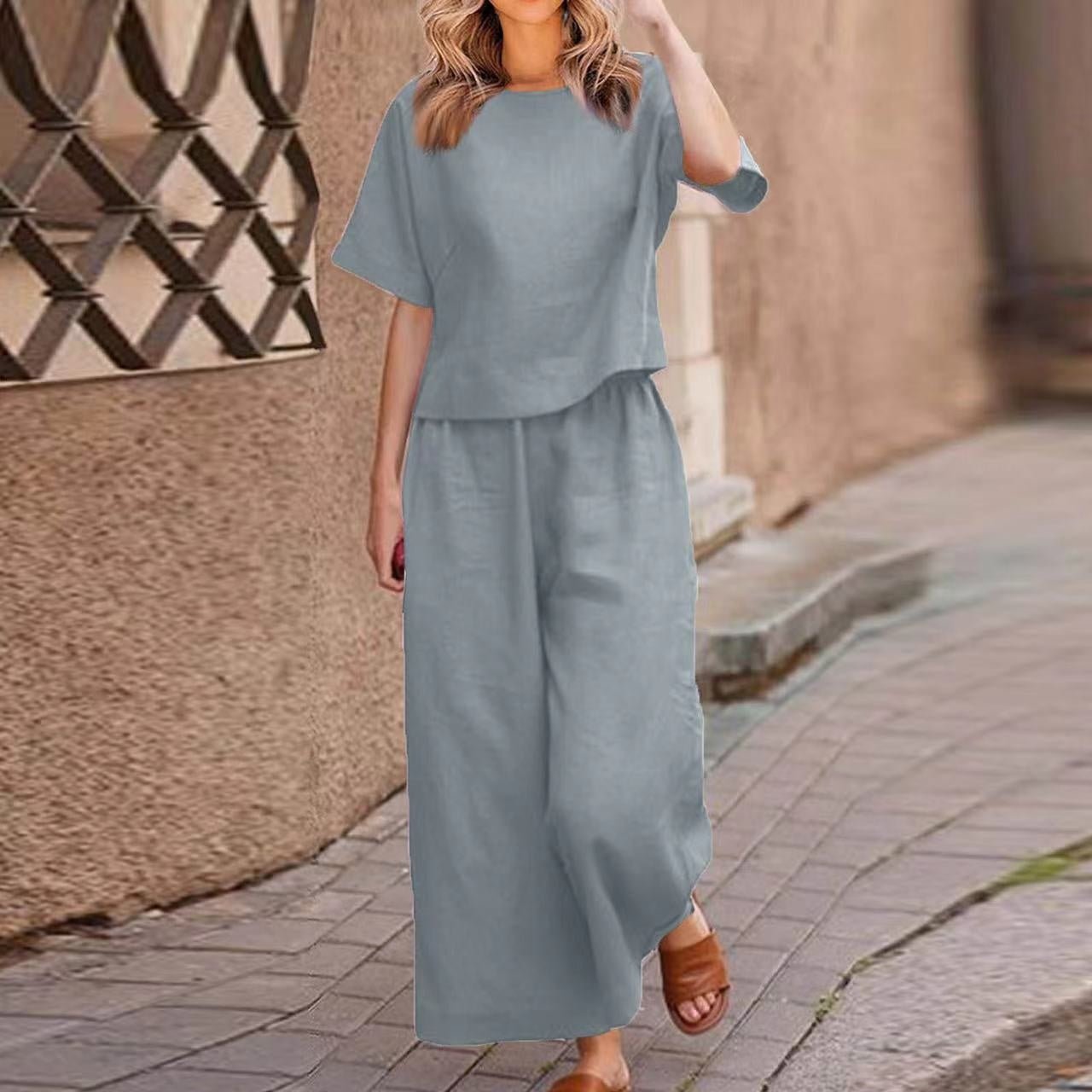 European and American women's linen casual loose two-piece suit in solid color, by Plush Fashion Hub, shown on a model.