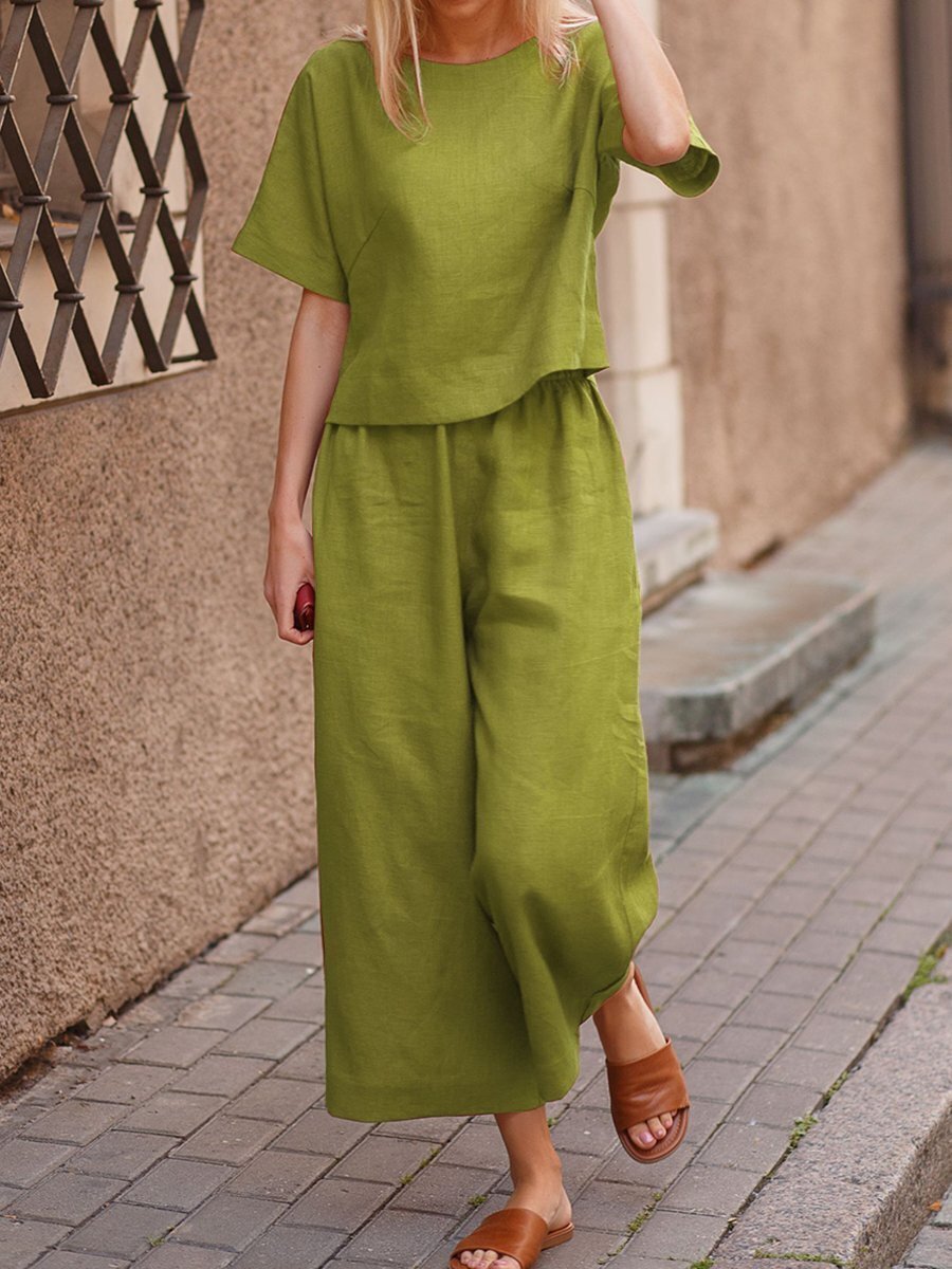 European and American women's linen two-piece casual suit in solid color, featuring a loose, comfortable fit and stylish design.