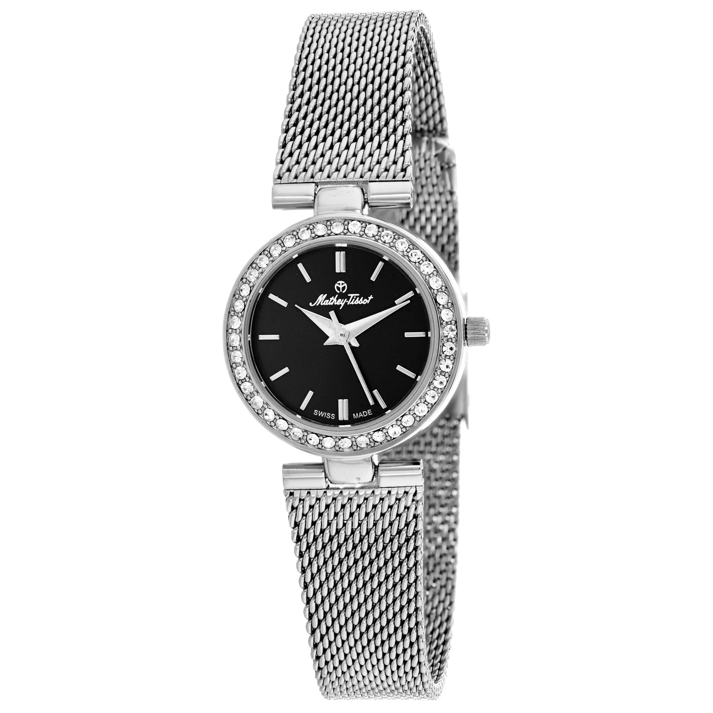 Mathey Tissot Women's Fleury XV watch with a sleek design, silver dial, and metal bracelet, displayed on a white background.