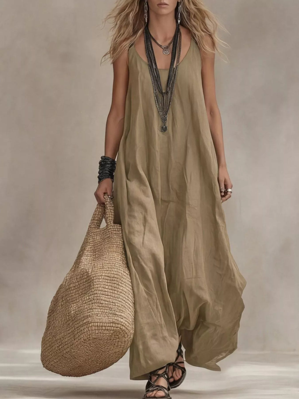 Plus size Shopimist maxi dress with scoop neck, sleeveless design, full length, flowing fabric for a comfortable, stylish look.