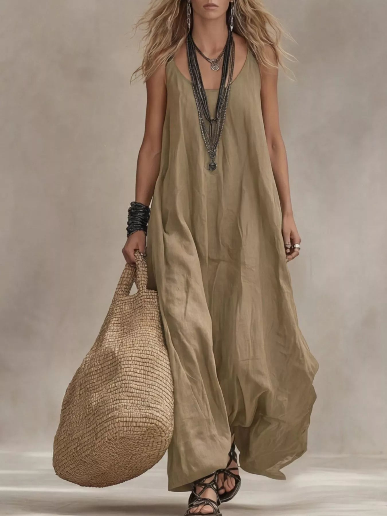 Plus size Shopimist maxi dress with scoop neck, sleeveless design, full length, flowing fabric for a comfortable, stylish look.