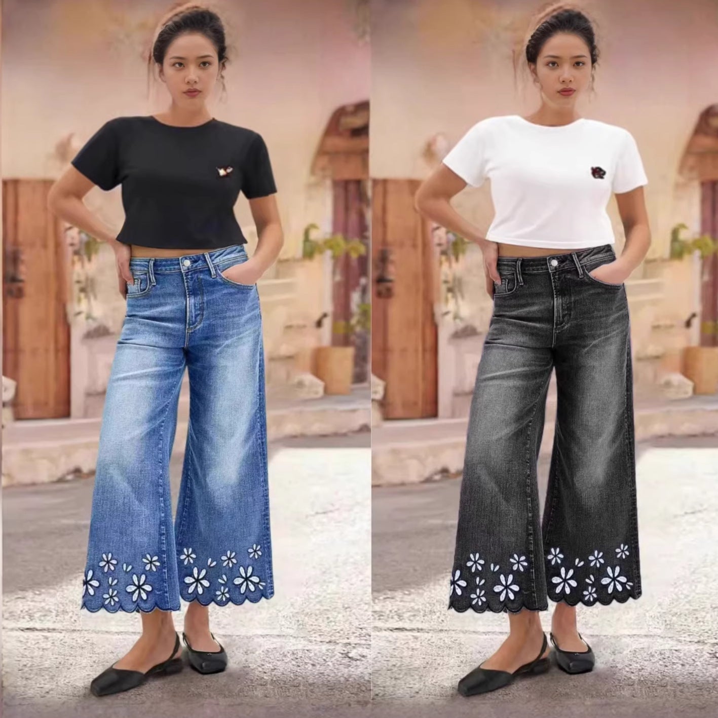 Women's cropped denim jeans with chrysanthemum embroidery, loose fit, straight-leg style by Plush Fashion Hub.